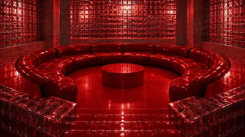 An empty sunken conversation pit in glossy red: curved tufted sofas around a round red table, with walls of red glass blocks